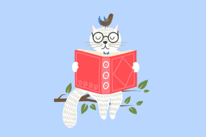 Chat sur une branche qui lit une histoire. - Agrandir l'image, fenêtre modale